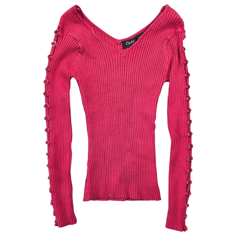 Chesley Pink Y2k Ribbed Knit V Neck Long Sleeve Sweater Ring Detail L 2000s